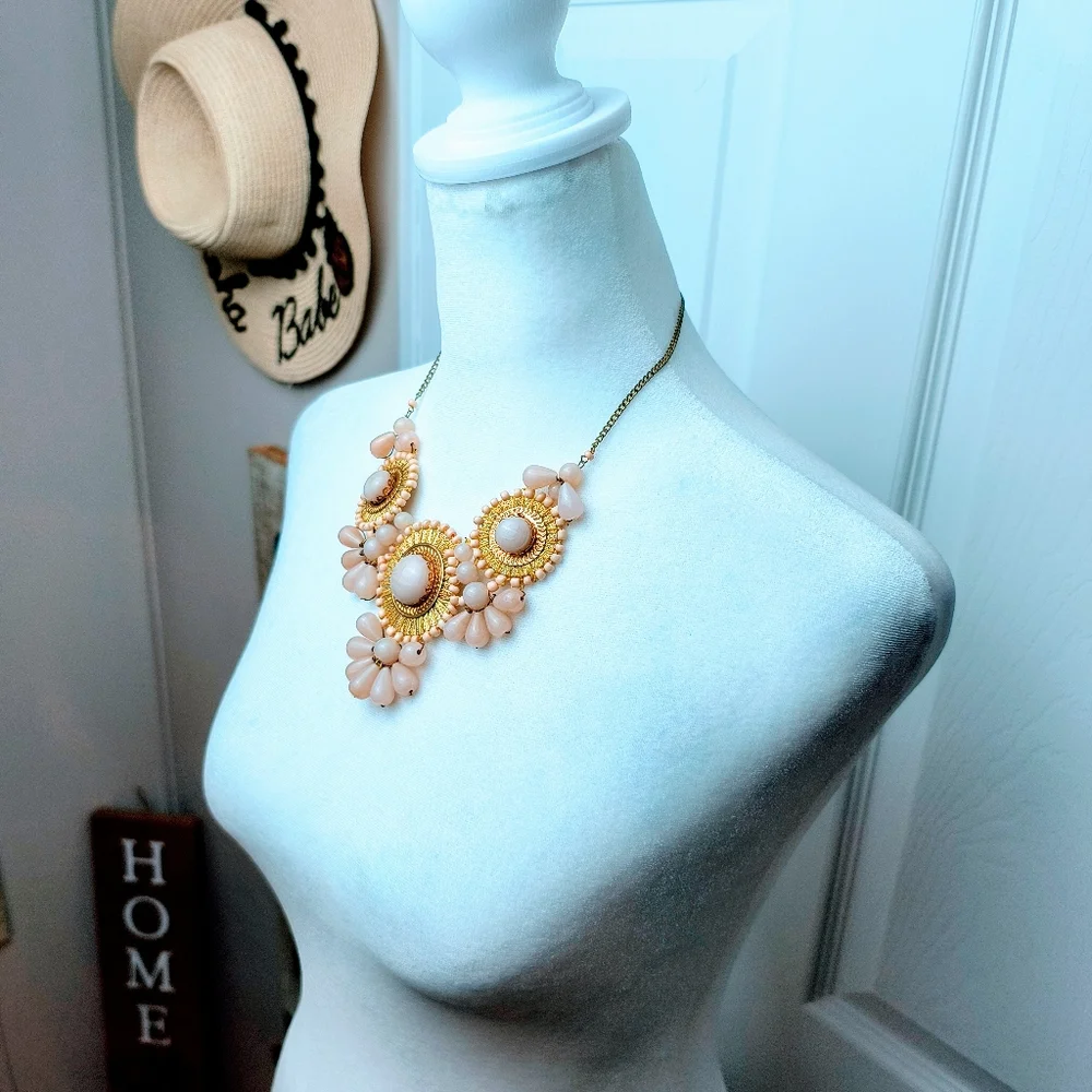 Vintage Floral Statement Bib Necklace Peach/Gold Neutral Bib Faux